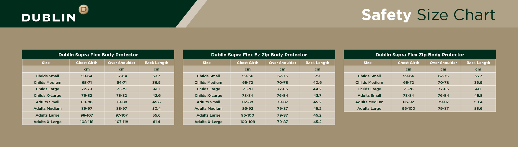 Dublin Safety Size Chart