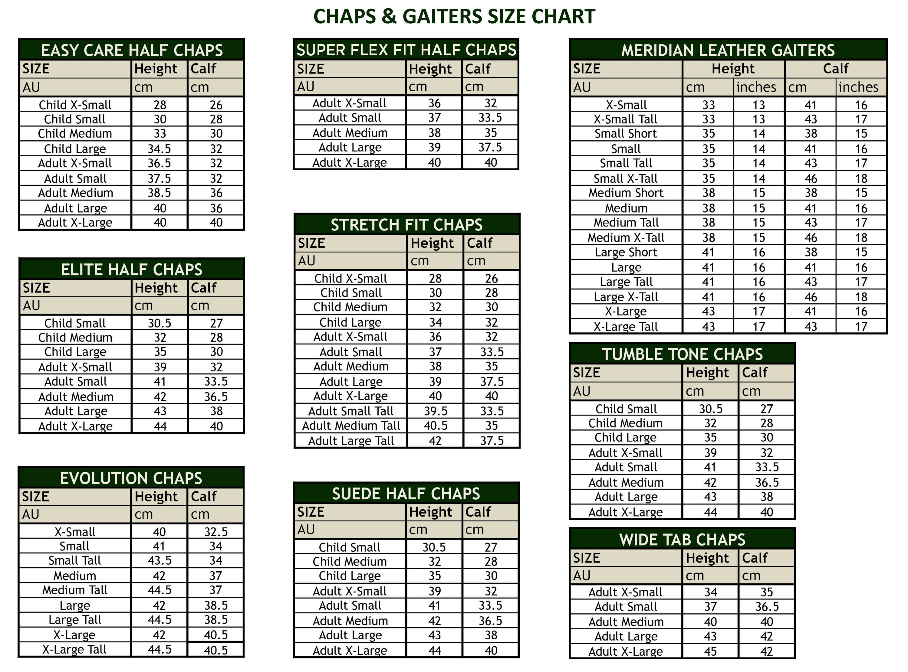 Chaps Big And Size Chart