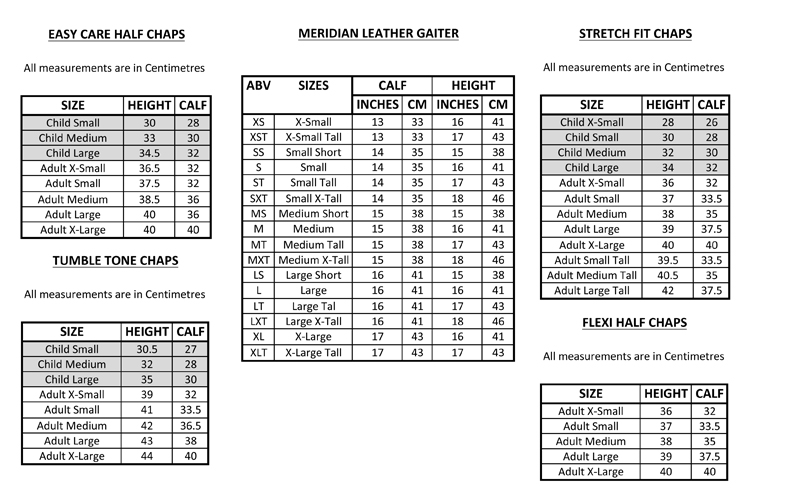 Dublin Chaps Size Chart