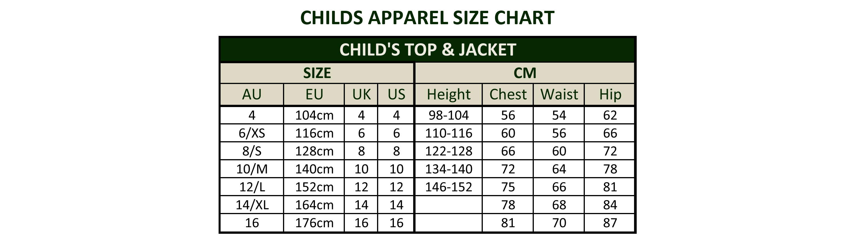 Jodhpur Size Chart